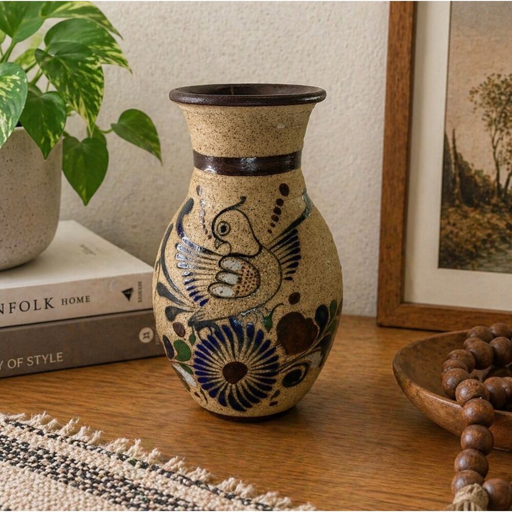 Vtg Tonala Mexico Pottery Vase 9” Hand Painted Bird Folk Art Floral Signed Boho